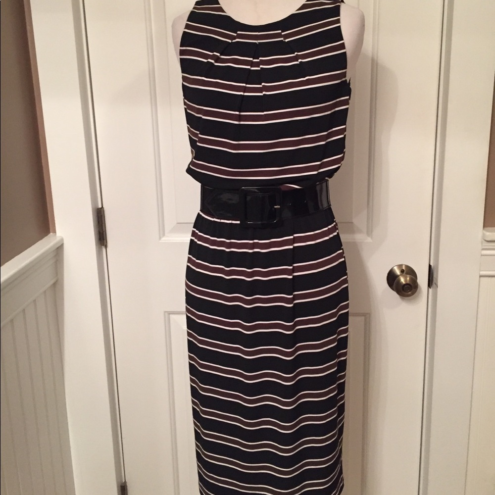 WHBM WHITE HOUSE BLACK MARKET DRESS MIDI BLACK BROWN WHITE STRIPE BELT SIZE 2